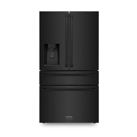 ZLINE 36 in. 21.6 cu. ft. Counter-Depth French Door Refrigerator with Water and Ice Dispenser in Fingerprint-Resistant Black Stainless Steel (RFM-W-36-BS) front, closed.