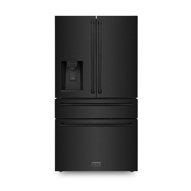 ZLINE 36 in. 21.6 cu. ft. Counter-Depth French Door Refrigerator with Water and Ice Dispenser in Fingerprint-Resistant Black Stainless Steel (RFM-W-36-BS) front, closed.