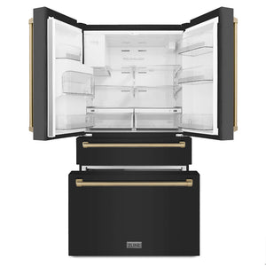 ZLINE Autograph Edition 36 in. 21.6 cu. ft Counter-Depth French Door Refrigerator with Water and Ice Dispenser in Fingerprint-Resistant Black Stainless Steel with Champagne Bronze Traditional Handles (RFMZ-W-36-BS-CB)