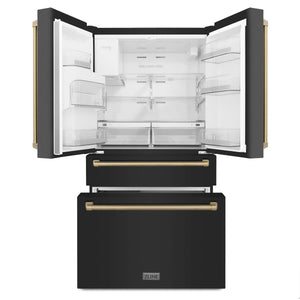 ZLINE Autograph Edition 36 in. 21.6 cu. ft Freestanding French Door Refrigerator with Water and Ice Dispenser in Fingerprint Resistant Black Stainless Steel with Champagne Bronze Accents (RFMZ-W-36-BS-CB)