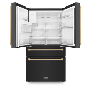 ZLINE Autograph Edition 36 in. 21.6 cu. ft Freestanding French Door Refrigerator with Water and Ice Dispenser in Fingerprint Resistant Black Stainless Steel with Champagne Bronze Accents (RFMZ-W-36-BS-CB)