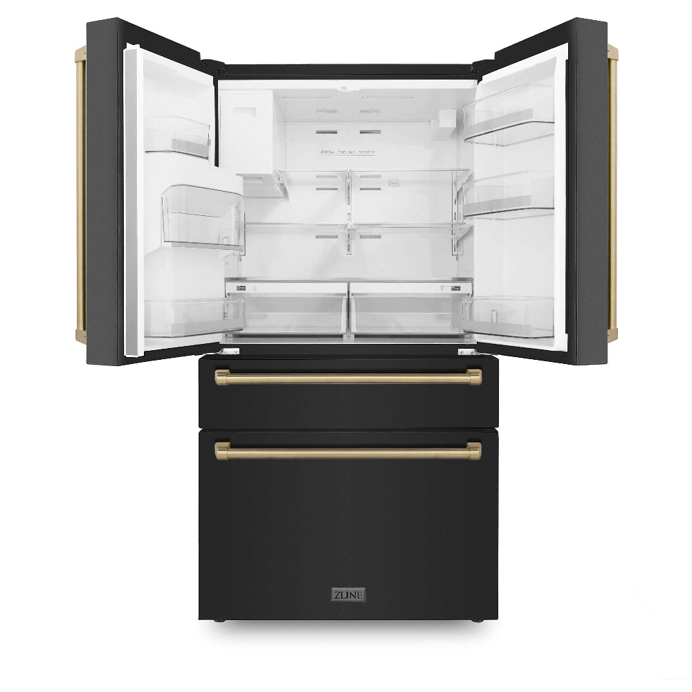 ZLINE Autograph Edition 36 in. 21.6 cu. ft Counter-Depth French Door Refrigerator with Water and Ice Dispenser in Fingerprint-Resistant Black Stainless Steel with Champagne Bronze Traditional Handles (RFMZ-W-36-BS-CB)