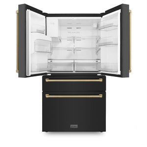 ZLINE Autograph Edition 36 in. 21.6 cu. ft Counter-Depth French Door Refrigerator with Water and Ice Dispenser in Fingerprint-Resistant Black Stainless Steel with Champagne Bronze Traditional Handles (RFMZ-W-36-BS-CB)
