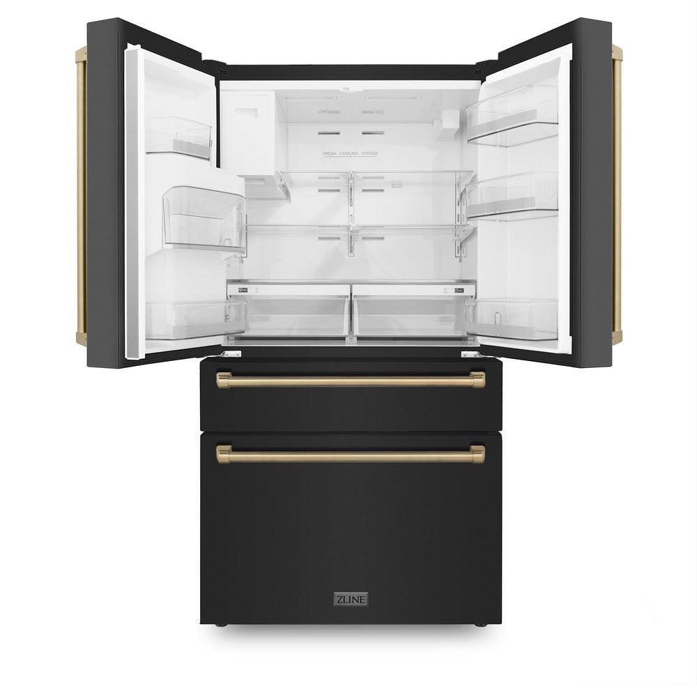 ZLINE Autograph Edition 48 in. Kitchen Package with Black Stainless Steel Dual Fuel Range, Range Hood, Dishwasher and Refrigerator with Champagne Bronze Accents (4AKPR-RABRHDWV48-CB)
