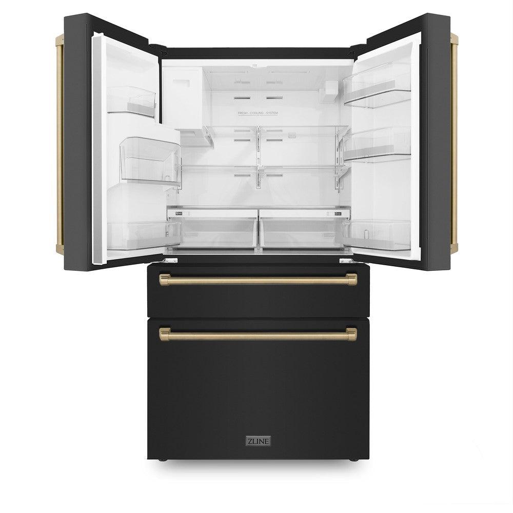 ZLINE 48 in. Autograph Edition Kitchen Package with Black Stainless Steel Dual Fuel Range, Range Hood, Dishwasher and Refrigeration with Champagne Bronze Accents (4AKPR-RABRHDWV48-CB)