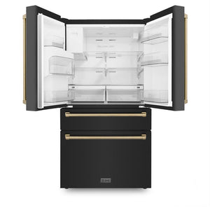 ZLINE Autograph Edition 48 in. Kitchen Package with Black Stainless Steel Dual Fuel Range, Range Hood, Dishwasher and Refrigerator with Champagne Bronze Accents (4AKPR-RABRHDWV48-CB)
