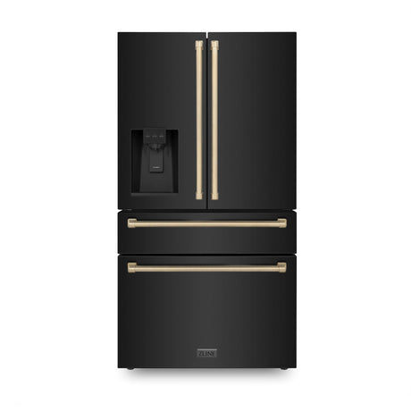 ZLINE 36 in. Autograph Edition 21.6 cu. ft Freestanding French Door Refrigerator with Water and Ice Dispenser in Fingerprint Resistant Black Stainless Steel with Champagne Bronze Accents (RFMZ-W-36-BS-CB) front.