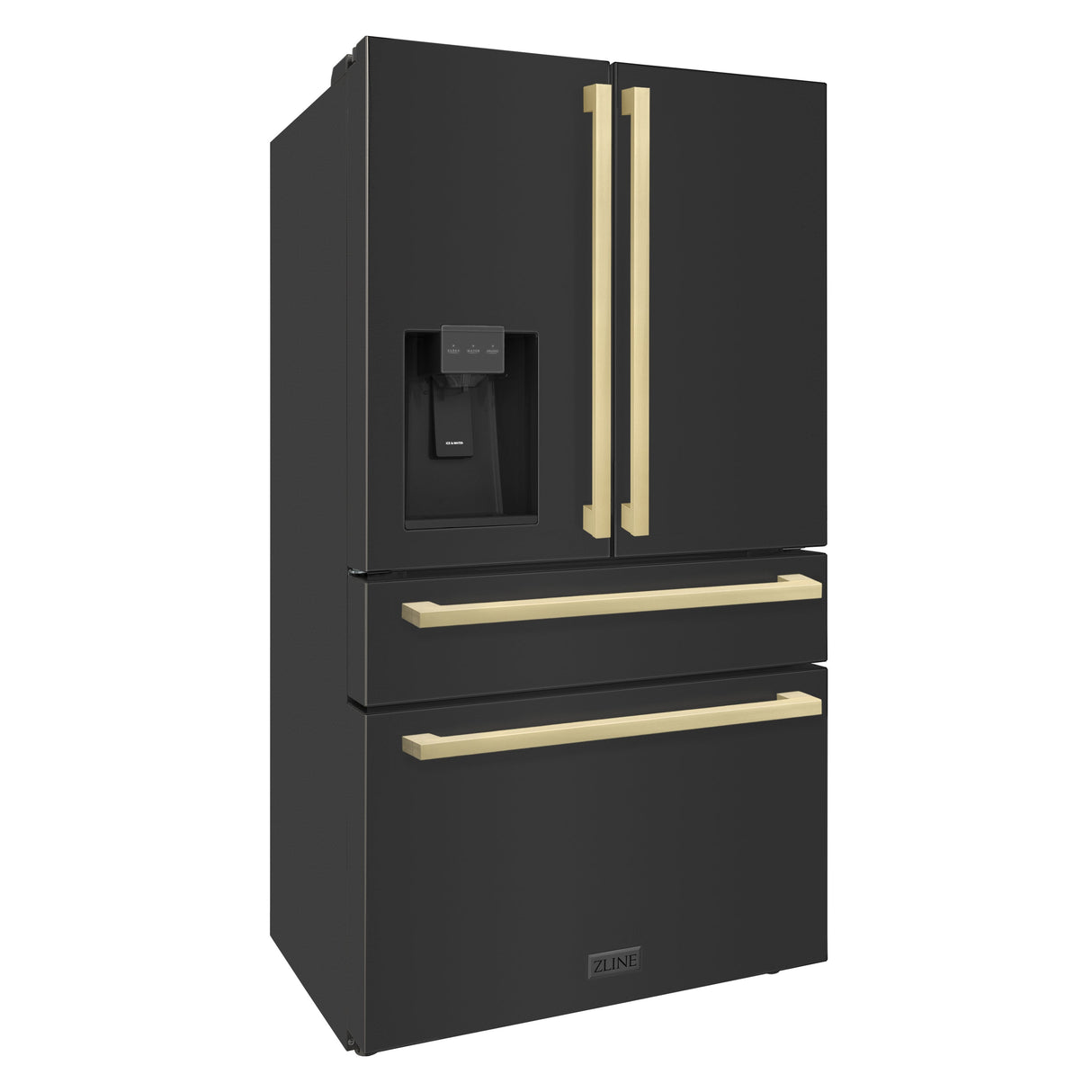 ZLINE Autograph Edition 36 in. 21.6 cu. ft 4-Door French Door Refrigerator with Water and Ice Dispenser in Black Stainless Steel with Champagne Bronze Square Handles (RFMZ-W36-BS-FCB)