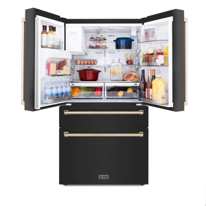 ZLINE Autograph Edition 30 in. Kitchen Package with Black Stainless Steel Dual Fuel Range, Range Hood, Dishwasher, and Refrigerator with External Water Dispenser with Polished Gold Accents (4AKPR-RABRHDWV30-G)