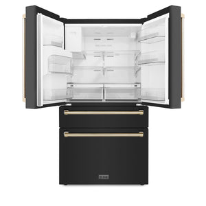 ZLINE Autograph Edition 30 in. Kitchen Package with Black Stainless Steel Dual Fuel Range, Range Hood, Dishwasher, and Refrigerator with External Water Dispenser with Polished Gold Accents (4AKPR-RABRHDWV30-G)