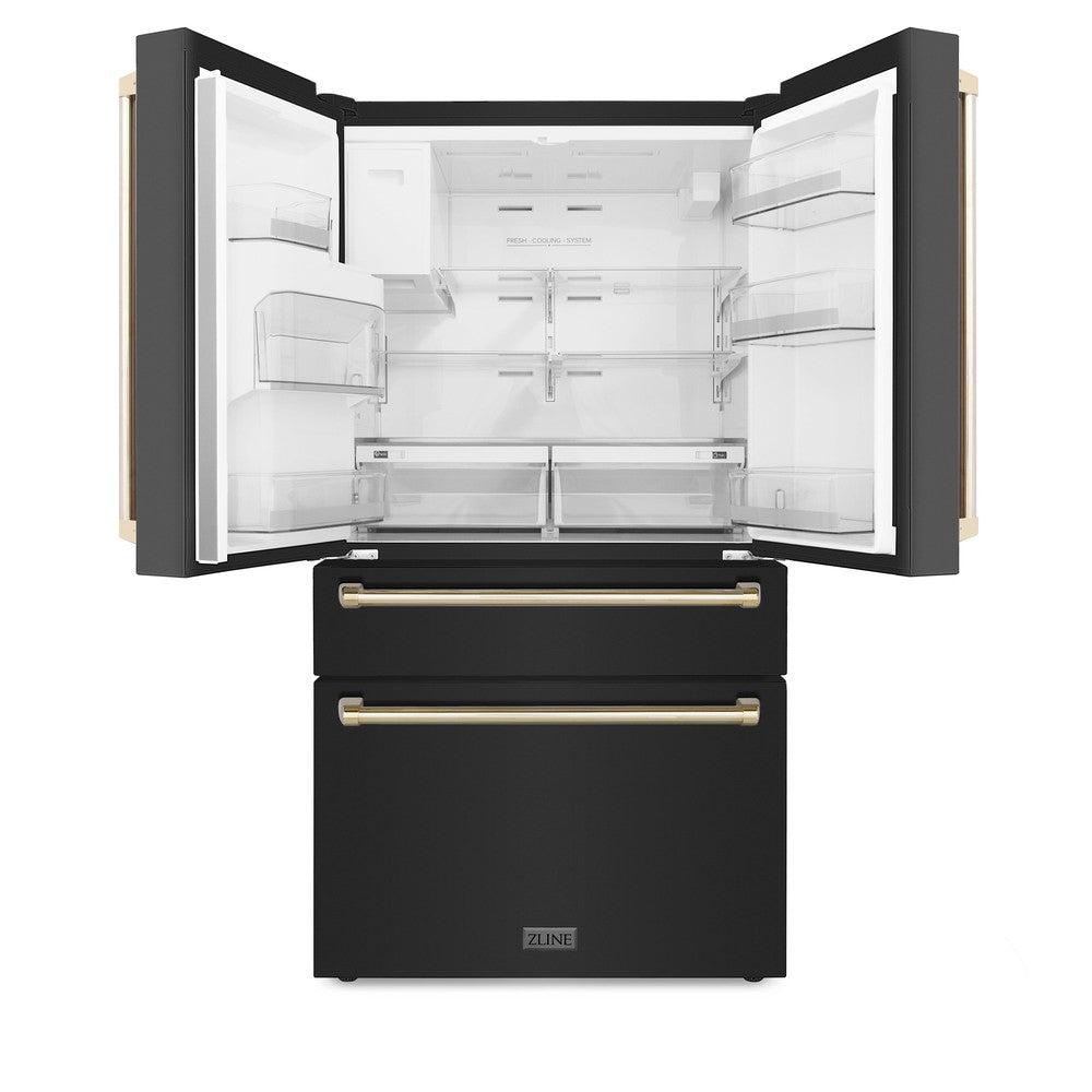 ZLINE Autograph Edition 36 in. 21.6 cu. ft. Counter-Depth French Door Refrigerator with Water and Ice Dispenser in Fingerprint-Resistant Black Stainless Steel with Polished Gold Traditional Handles (RFMZ-W-36-BS-G)