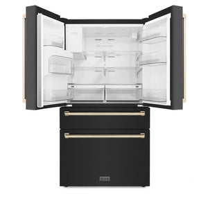 ZLINE Autograph Edition 36 in. 21.6 cu. ft. Counter-Depth French Door Refrigerator with Water and Ice Dispenser in Fingerprint-Resistant Black Stainless Steel with Polished Gold Traditional Handles (RFMZ-W-36-BS-G)