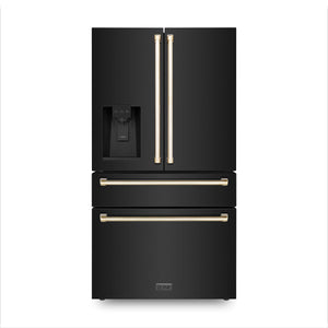 ZLINE Autograph Edition 30 in. Kitchen Package with Black Stainless Steel Dual Fuel Range, Range Hood, Dishwasher, and Refrigerator with External Water Dispenser with Polished Gold Accents (4AKPR-RABRHDWV30-G)