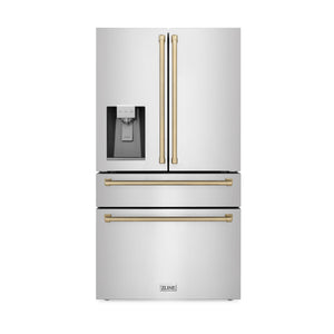 ZLINE Autograph Edition 36 in. Kitchen Package with Stainless Steel Dual Fuel Range, Range Hood, Dishwasher and Refrigerator Including External Water Dispenser with Champagne Bronze Accents (4AKPR-RARHDWM36-CB)