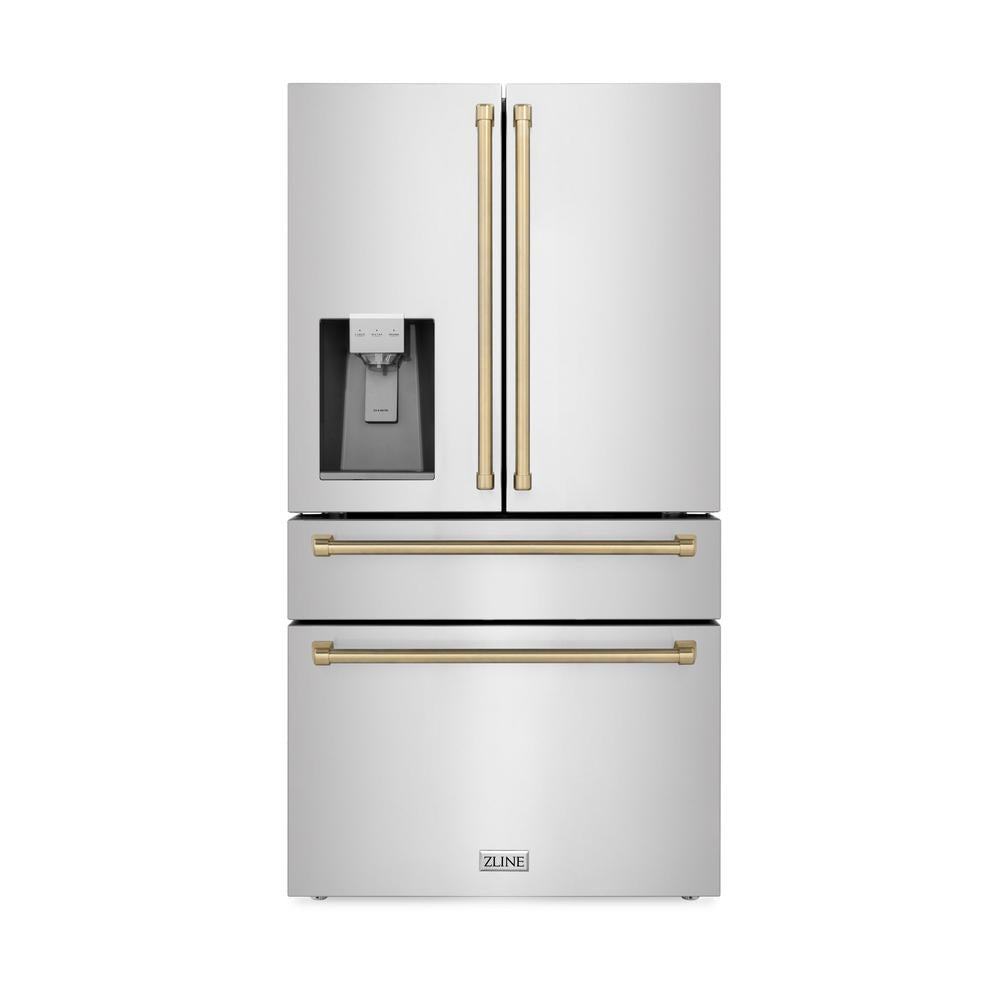 ZLINE Autograph Edition 48 in. Kitchen Package with Stainless Steel Dual Fuel Range, Range Hood, Dishwasher and Refrigerator Including External Water Dispenser with Champagne Bronze Accents (4AKPR-RARHDWM48-CB)