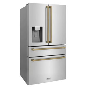 ZLINE Autograph Edition 36 in. 21.6 cu. ft Freestanding French Door Refrigerator with Water Dispenser in Stainless Steel with Champagne Bronze Accents (RFMZ-W-36-CB)
