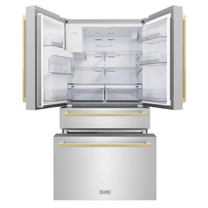ZLINE Autograph Edition 36 in. 21.6 cu. ft 4-Door French Door Refrigerator with Water and Ice Dispenser in Stainless Steel with Champagne Bronze Square Handles (RFMZ-W-36-FCB)