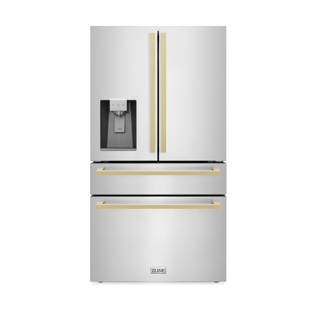 ZLINE Autograph Edition 36 in. 21.6 cu. ft 4-Door French Door Refrigerator with Water and Ice Dispenser in Stainless Steel with Champagne Bronze Square Handles (RFMZ-W-36-FCB)