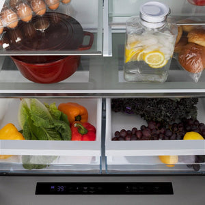 ZLINE Autograph Edition 36 in. 21.6 cu. ft. Counter-Depth French Door Refrigerator with Water and Ice Dispenser in Fingerprint-Resistant Stainless Steel with Champagne Bronze Modern Handles (RFMZ-W-36-FCB)