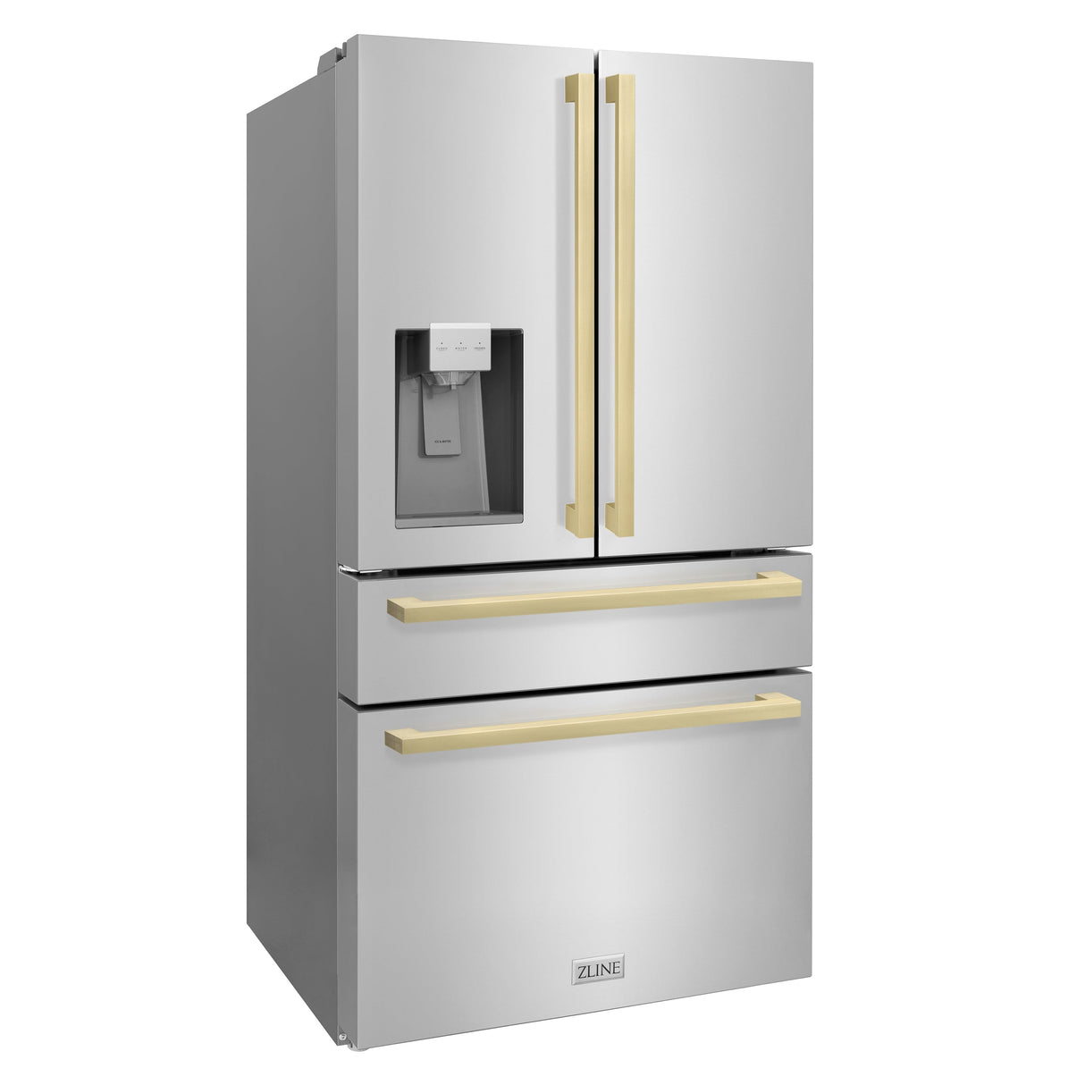 ZLINE Autograph Edition 36 in. 21.6 cu. ft 4-Door French Door Refrigerator with Water and Ice Dispenser in Stainless Steel with Champagne Bronze Square Handles (RFMZ-W-36-FCB)