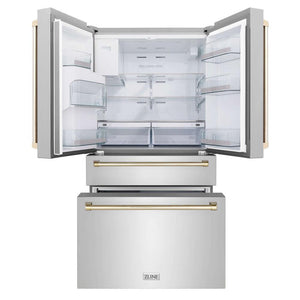 ZLINE Autograph Edition 36 in. 21.6 cu. ft. Counter-Depth French Door Refrigerator with Water and Ice Dispenser in Fingerprint-Resistant Stainless Steel with Polished Gold Traditional Handles (RFMZ-W-36-G)