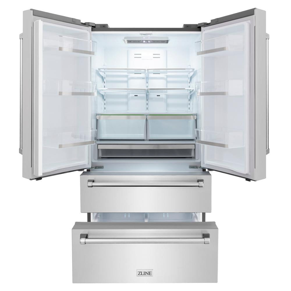 ZLINE Kitchen Package with Refrigeration, 48" Stainless Steel Dual Fuel Range, 48" Range Hood, Microwave Drawer, 24" Tall Tub Dishwasher and Wine Cooler (6KPR-RARH48-MWDWV-RWV)