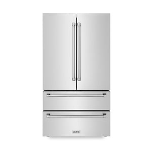 ZLINE Kitchen Package with Refrigeration, 48" Stainless Steel Dual Fuel Range, 48" Range Hood, Microwave Drawer, 24" Tall Tub Dishwasher and Beverage Fridge (6KPR-RARH48-MWDWV-RBV)