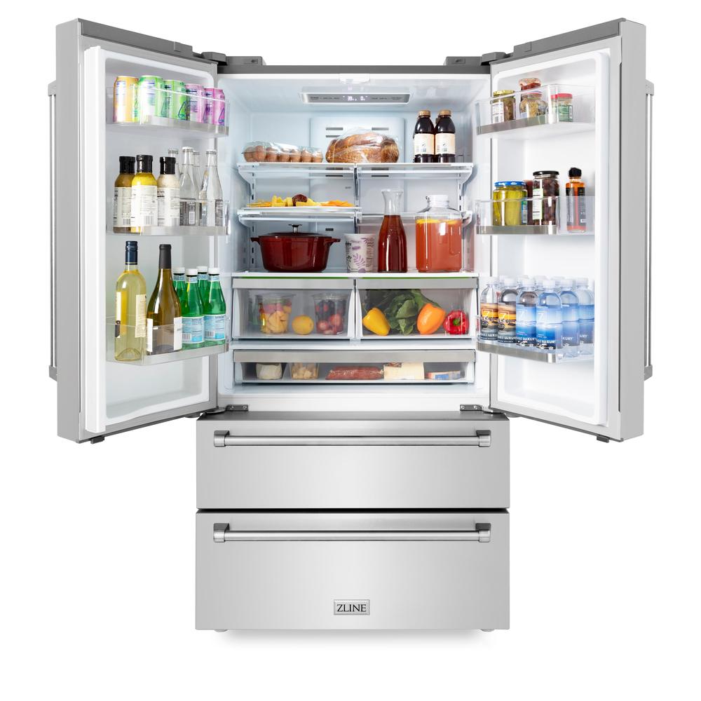 ZLINE Kitchen Package with Refrigeration, 48" Stainless Steel Dual Fuel Range, 48" Range Hood, Microwave Drawer, 24" Tall Tub Dishwasher and Beverage Fridge (6KPR-RARH48-MWDWV-RBV)