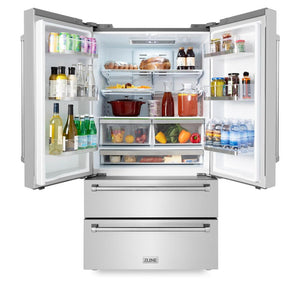 ZLINE Kitchen Package with Refrigeration, 48" Stainless Steel Dual Fuel Range, 48" Range Hood, Microwave Drawer, 24" Tall Tub Dishwasher and Beverage Fridge (6KPR-RARH48-MWDWV-RBV)