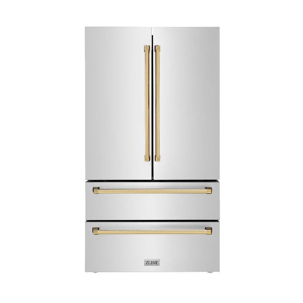 ZLINE Autograph Edition 36 in. 22.5 cu. ft. Counter-Depth French Door Refrigerator with Ice Maker in Fingerprint-Resistant Stainless Steel with Polished Gold Traditional Handles (RFMZ-36-G)