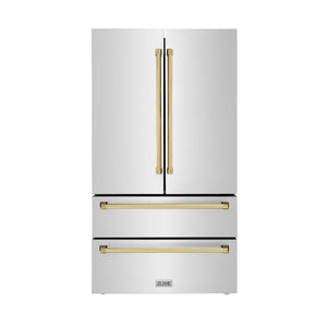 ZLINE Autograph Edition 36 in. 22.5 cu. ft. Counter-Depth French Door Refrigerator with Ice Maker in Fingerprint-Resistant Stainless Steel with Polished Gold Traditional Handles (RFMZ-36-G)