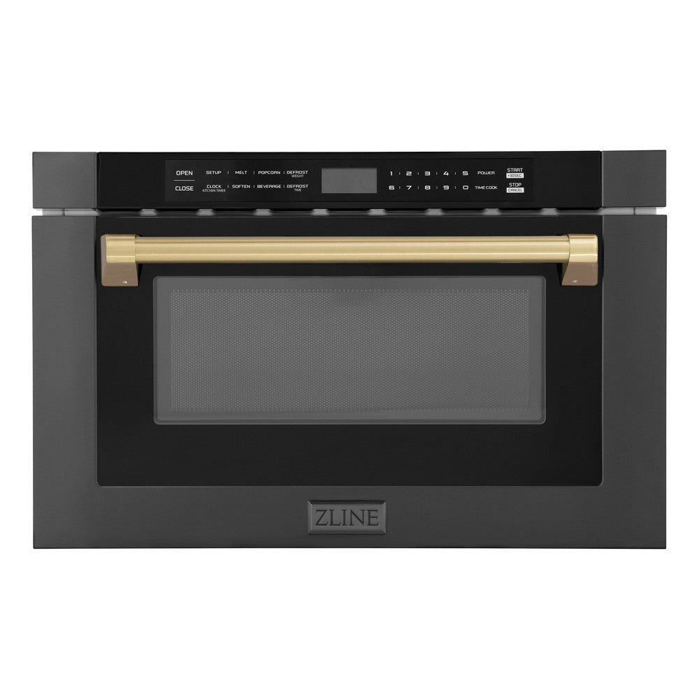 ZLINE Autograph Edition 24 in. 1.2 cu. ft. Built-in Microwave Drawer in Black Stainless Steel with Champagne Bronze Accents (MWDZ-1-BS-H-CB) Front View Drawer Closed