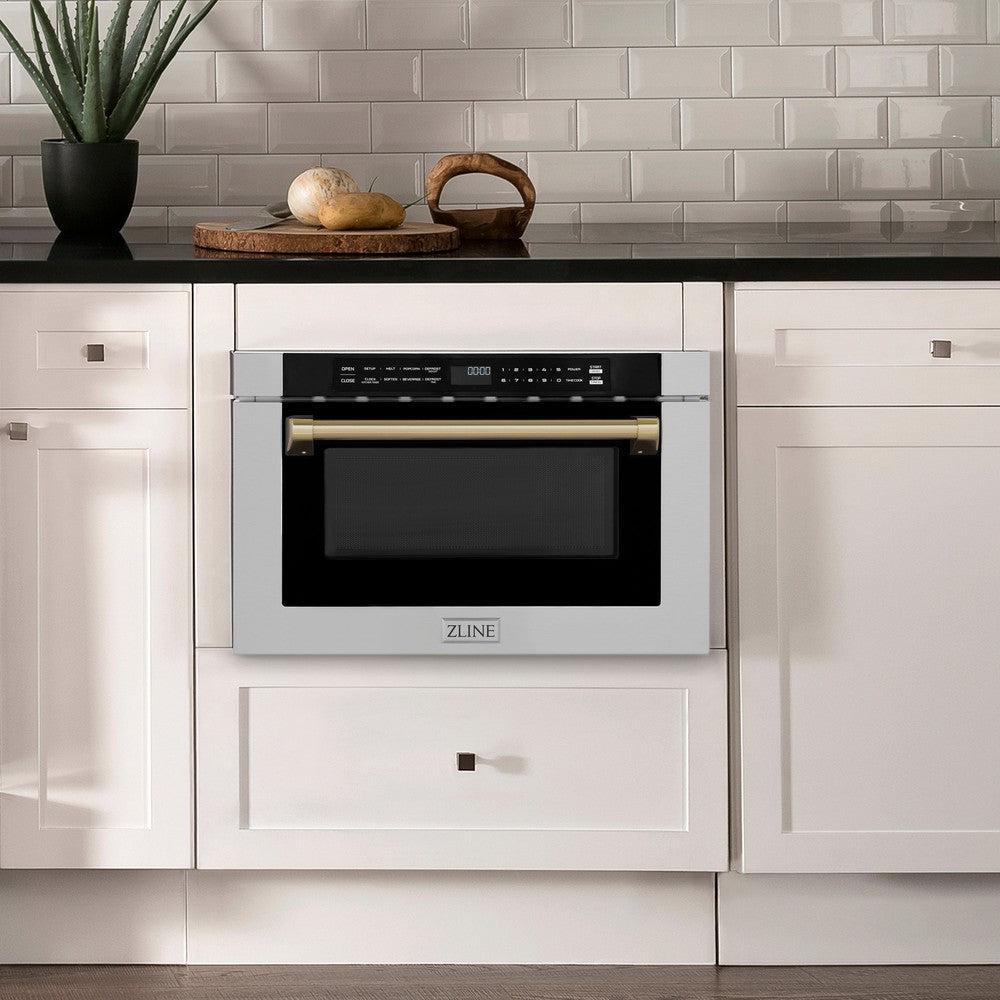 ZLINE Autograph Edition 24 in. 1.2 cu. ft. Built-in Microwave Drawer with a Traditional Handle in Stainless Steel and Champagne Bronze Accents (MWDZ-1-H-CB)