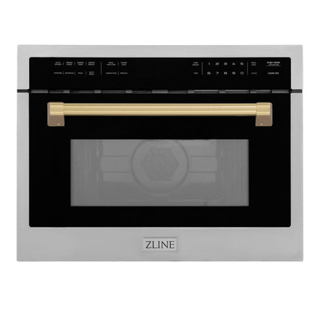 ZLINE Autograph Edition 24 in. 1.6 cu ft. Built-in Convection Microwave Oven in Stainless Steel with Champagne Bronze Accents (MWOZ-24-CB) Front View Door Closed