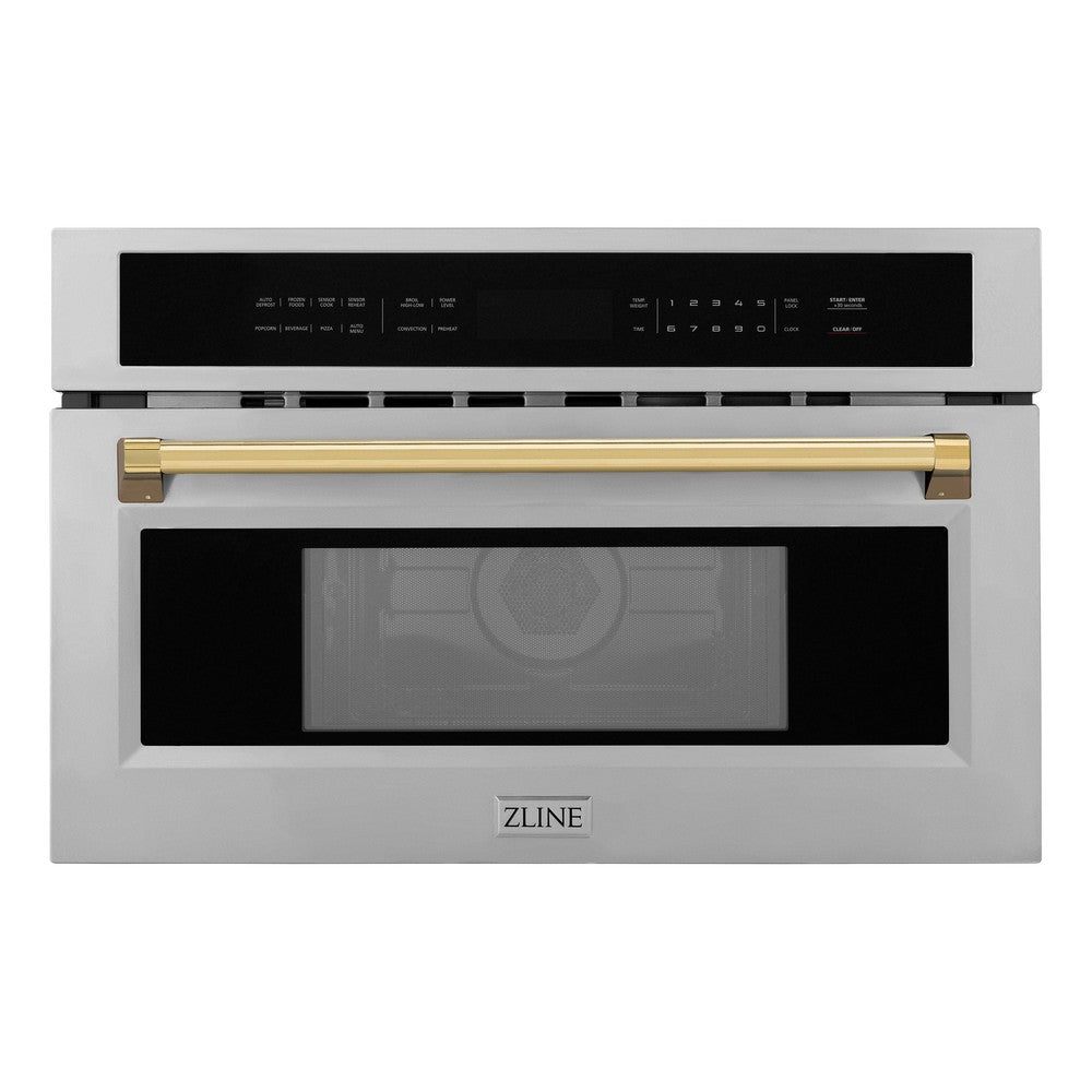 ZLINE Autograph Edition 30 in. 1.6 cu ft. Built-in Convection Microwave Oven in Stainless Steel with Gold Accents (MWOZ-30-G) Front View Door Closed