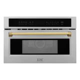 ZLINE Autograph Edition 30 in. 1.6 cu ft. Built-in Convection Microwave Oven in Stainless Steel with Gold Accents (MWOZ-30-G) Front View Door Closed