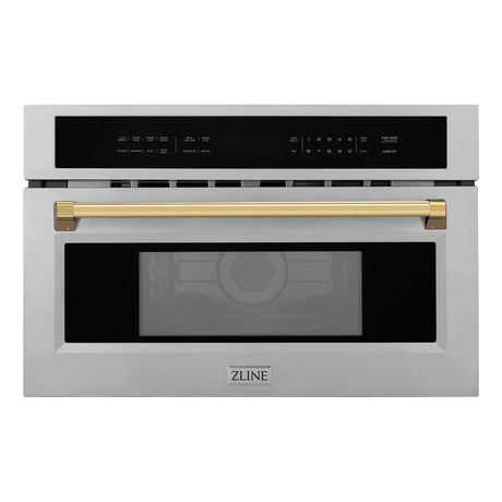 ZLINE Autograph Edition 30 in. 1.6 cu ft. Built-in Convection Microwave Oven in Stainless Steel with Gold Accents (MWOZ-30-G) Front View Door Closed