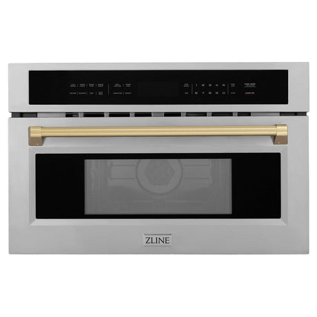 ZLINE Autograph Edition 30 in. 1.6 cu ft. Built-in Convection Microwave Oven in Fingerprint Resistant Stainless Steel with Champagne Bronze Accents (MWOZ-30-SS-CB) Front View Door Closed
