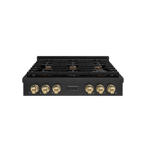 ZLINE Autograph Edition 36 in. Paramount Gas Rangetop with 6 Burners and Porcelain Cooktop in Black Stainless Steel with Champagne Bronze Accents (SRTBZ-36-CB)