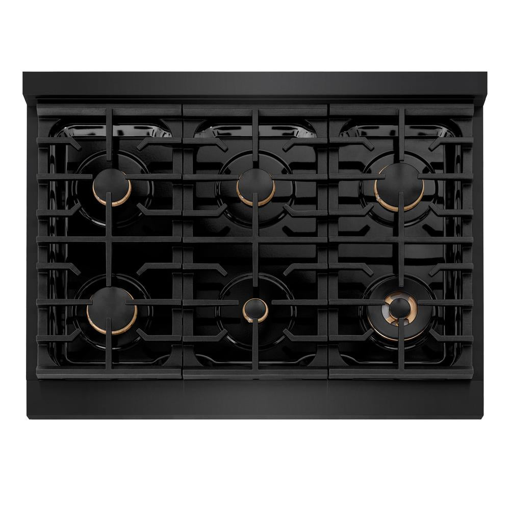 ZLINE Autograph Edition 36 in. Paramount Gas Rangetop with 6 Burners and Porcelain Cooktop in Black Stainless Steel with Polished Gold Accents (SRTBZ-36-G)