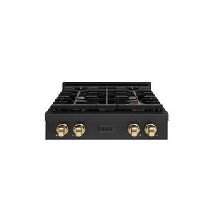 ZLINE Autograph Edition 30 in. Paramount Gas Rangetop with 4 Burners and Porcelain Cooktop in Black Stainless Steel with Polished Gold Accents (SRTBZ-30-G)