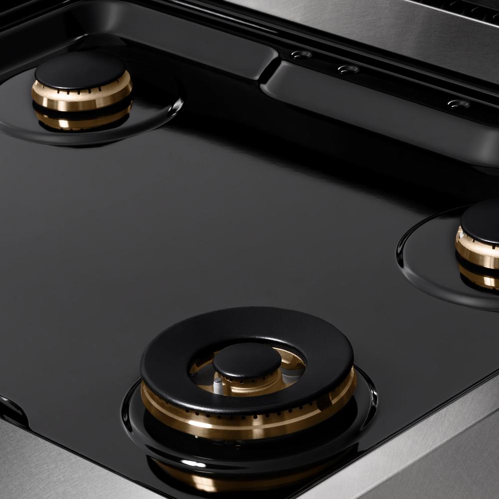 ZLINE Autograph Edition 30 in. Paramount Gas Rangetop with 4 Burners and Porcelain Cooktop in DuraSnow® Stainless Steel with Polished Gold Accents (SRTSZ-30-G)