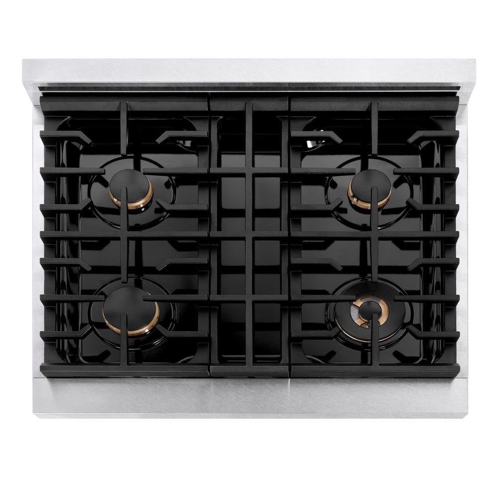 ZLINE Autograph Edition 30 in. Paramount Gas Rangetop with 4 Burners and Porcelain Cooktop in DuraSnow® Stainless Steel with Polished Gold Accents (SRTSZ-30-G)
