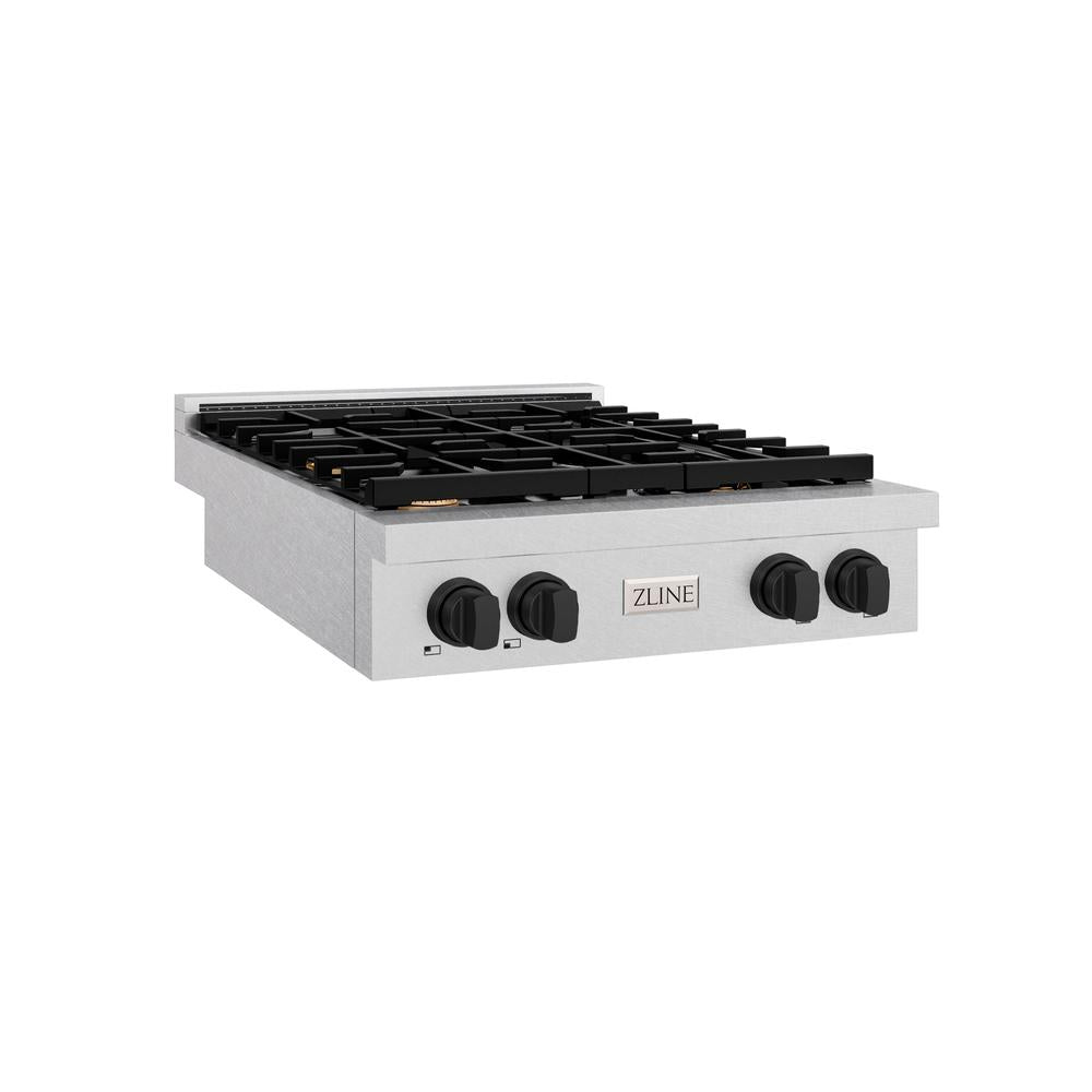 ZLINE Autograph Edition 30 in. Paramount Gas Rangetop with 4 Burners and Porcelain Cooktop in DuraSnow® Stainless Steel with Matte Black Accents (SRTSZ-30-MB)