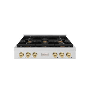 ZLINE Autograph Edition 36 in. Paramount Gas Rangetop with 6 Burners and Porcelain Cooktop in DuraSnow® Stainless Steel with Champagne Bronze Accents (SRTSZ-36-CB)
