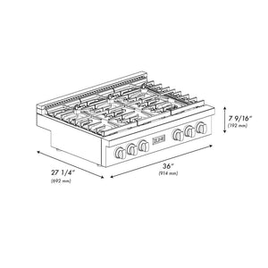 ZLINE Autograph Edition 36 in. Paramount Gas Rangetop with 6 Burners and Porcelain Cooktop in DuraSnow® Stainless Steel with Polished Gold Accents (SRTSZ-36-G)