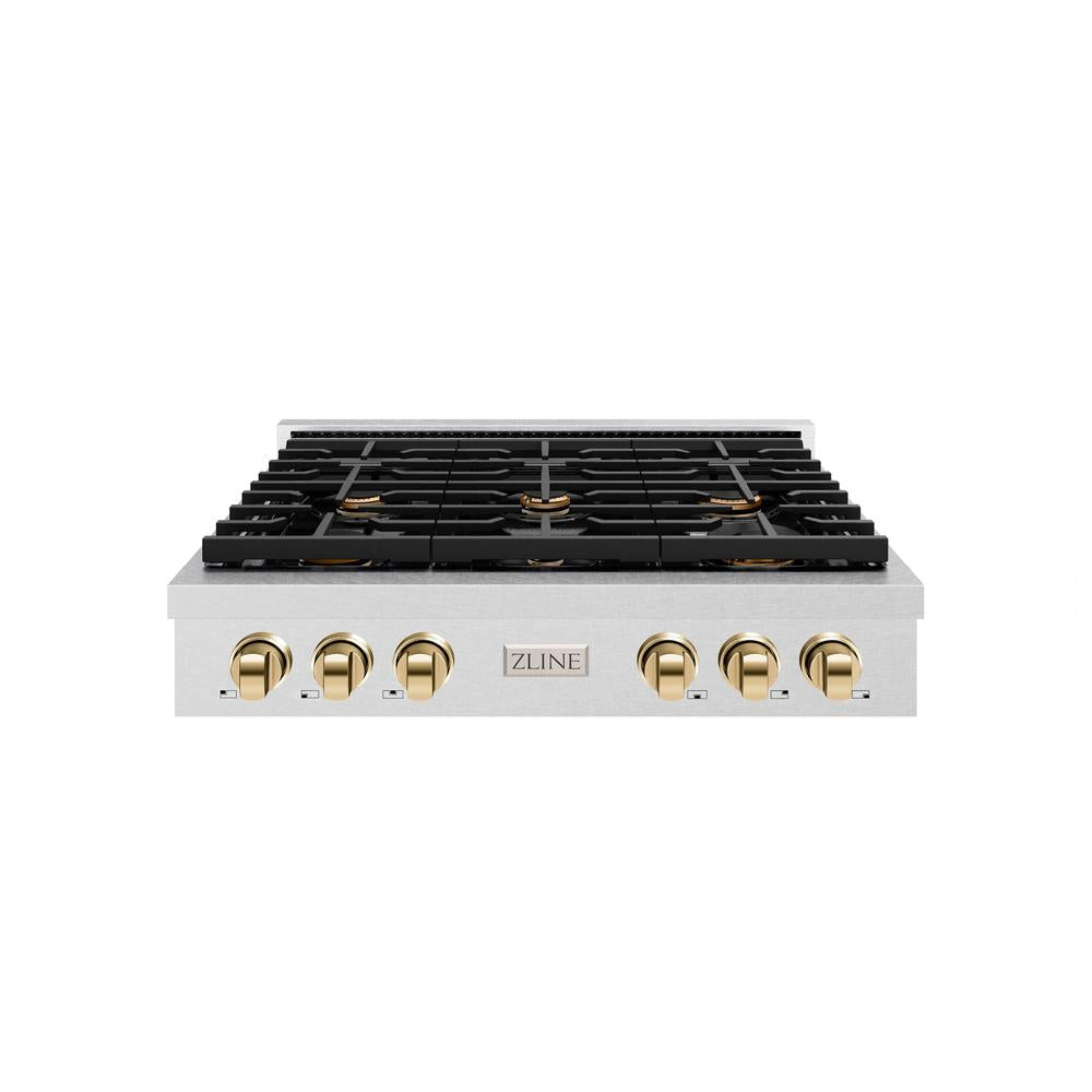 ZLINE Autograph Edition 36 in. Paramount Gas Rangetop with 6 Burners and Porcelain Cooktop in DuraSnow® Stainless Steel with Polished Gold Accents (SRTSZ-36-G)