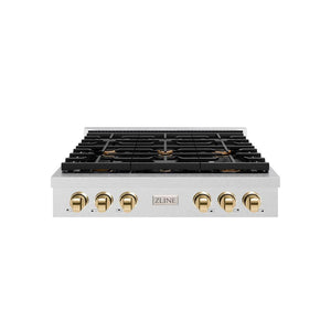 ZLINE Autograph Edition 36 in. Paramount Gas Rangetop with 6 Burners and Porcelain Cooktop in DuraSnow® Stainless Steel with Polished Gold Accents (SRTSZ-36-G)