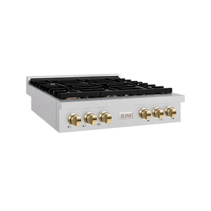 ZLINE Autograph Edition 36 in. Paramount Gas Rangetop with 6 Burners and Porcelain Cooktop in DuraSnow® Stainless Steel with Polished Gold Accents (SRTSZ-36-G)