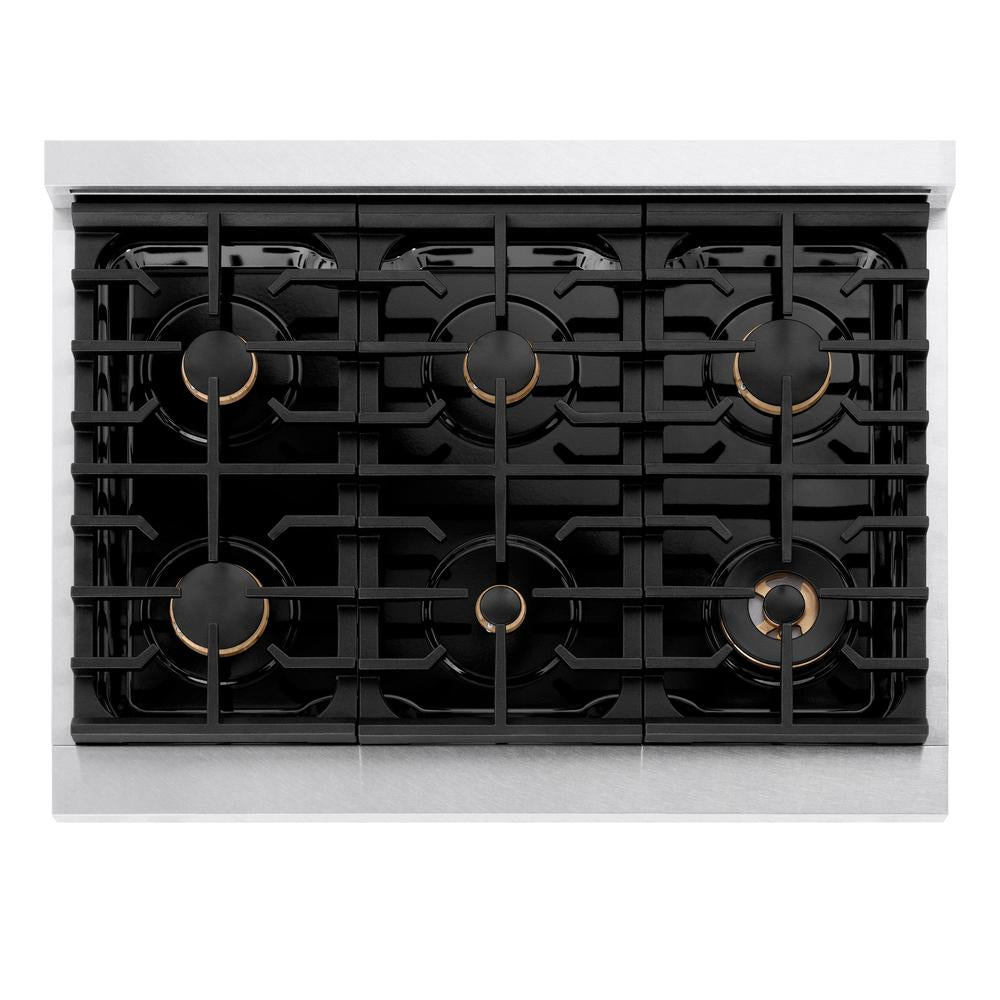 ZLINE Autograph Edition 36 in. Paramount Gas Rangetop with 6 Burners and Porcelain Cooktop in DuraSnow® Stainless Steel with Polished Gold Accents (SRTSZ-36-G)